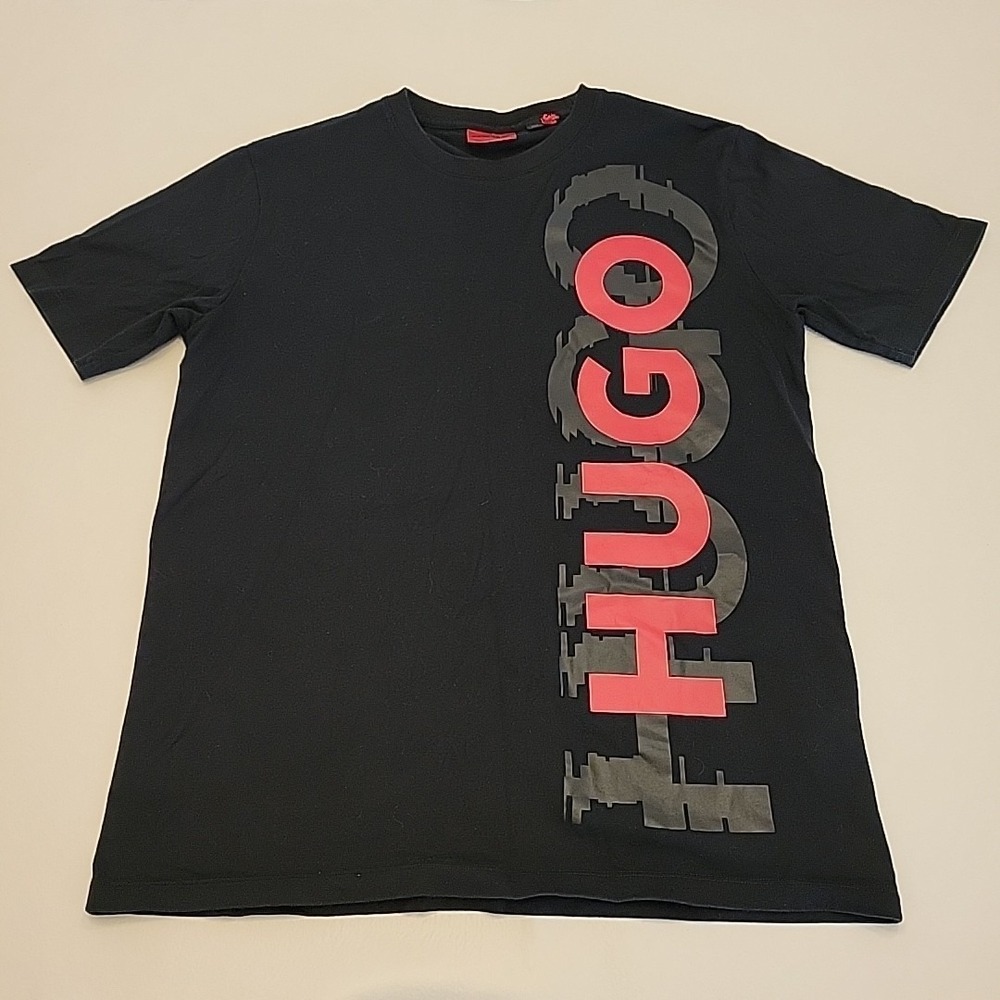 HUGO Black Red Logo Cotton Crew Neck Men's T-Shirt Short Sleeve Large